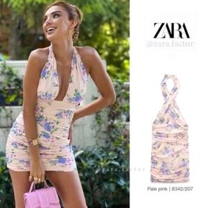 NWT ZARA floral print dress size Medium print dress mini halter tied collar.❣️